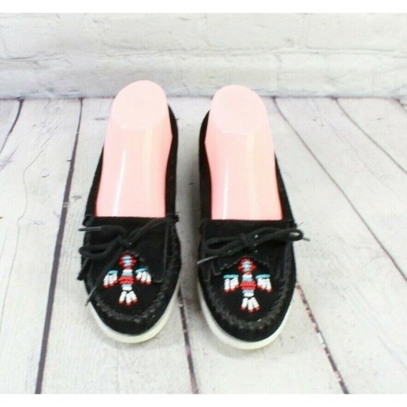 Minnetonka Black Suede Beaded Moccasins Slip On Flat Shoes Size 8 - Picture 5 of 9